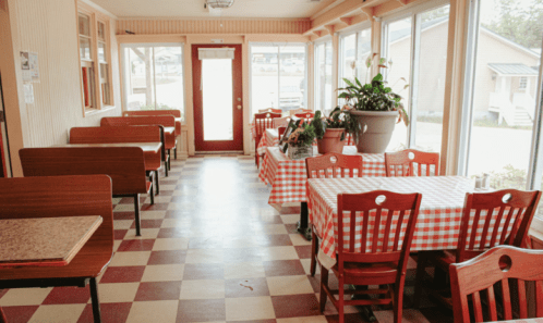 A cozy diner interior with checkered tablecloths, wooden tables, and chairs, featuring large windows and potted plants.