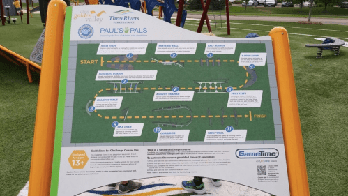 Map of a challenge course at Paul’s Pals, showing the route from start to finish with various activity stations.