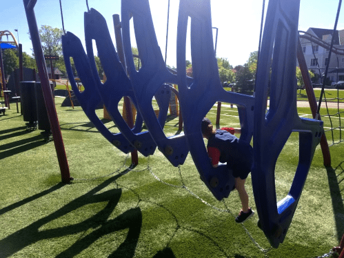 A child climbs through a blue playground structure on a sunny day, surrounded by green grass and play equipment.