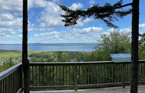 Scenic view from a wooden deck overlooking a lake surrounded by lush greenery and a blue sky with fluffy clouds.