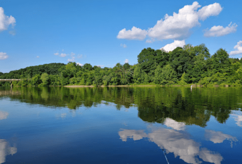A serene lake reflecting lush green trees and a blue sky with fluffy clouds.