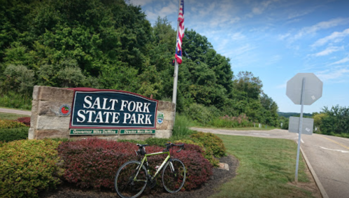 Sign for Salt Fork State Park with a bicycle nearby, surrounded by greenery and a flag in the background.