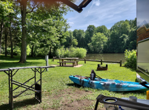 A serene riverside scene with a kayak, picnic table, and lush green trees under a clear blue sky.