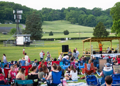A lively outdoor concert scene with people sitting on blankets and chairs, enjoying music on a grassy field.