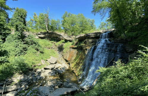 A serene waterfall cascades over rocky cliffs, surrounded by lush green trees and a clear blue sky.