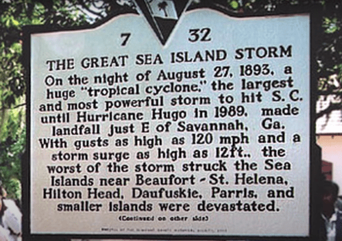 Historical marker detailing the Great Sea Island Storm of 1893, highlighting its impact on South Carolina and Georgia.