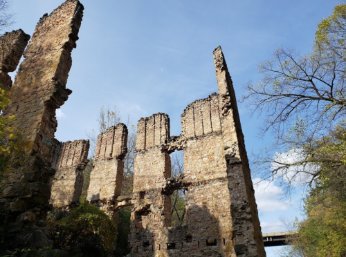 Ruins of an old stone structure against a blue sky, surrounded by trees and greenery.