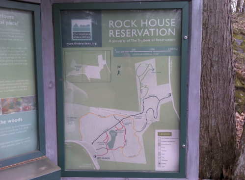 Map of Rock House Reservation, showing trails, entrance, and surrounding area. Information from The Trustees of Reservations.