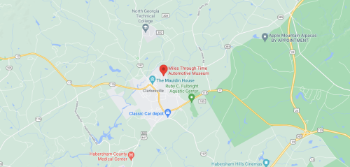 Map showing the location of the Mills Through Time Automotive Museum in Clarkesville, Georgia, with nearby landmarks.