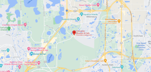 Map showing the location of Chocoalate Museum & Café near Orlando, Florida, with nearby attractions and roads.