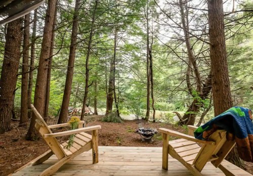 A serene forest view from a wooden deck with two chairs and a colorful blanket, surrounded by tall trees.