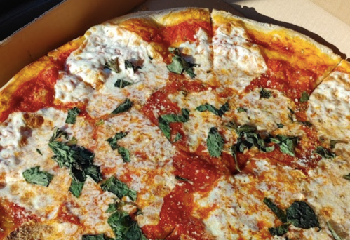 A close-up of a pizza with melted cheese, tomato sauce, and fresh green herbs on a golden crust.