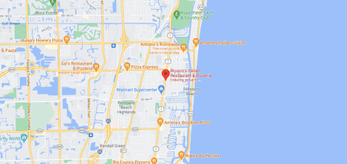 Map showing the location of Rocco's Italian Restaurant & Pizzeria in Delray Beach, Florida, near the coastline.