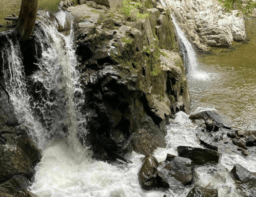 A cascading waterfall flows over rocky terrain into a serene river, surrounded by lush greenery.