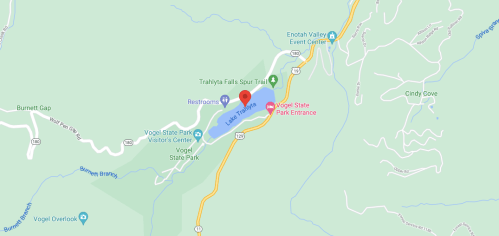 Map showing Vogel State Park, including trails, restrooms, and the entrance near Trahlyta Falls.