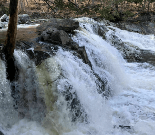 A cascading waterfall flows over rocky terrain, surrounded by trees and natural scenery.