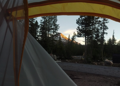 View from a tent showing a mountain peak illuminated by the sunset, surrounded by tall trees.