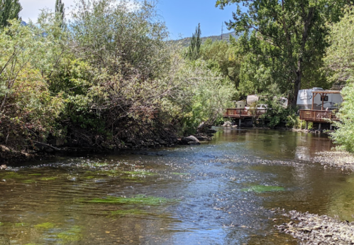 A serene river flows through lush greenery, with a small cabin visible on the bank under a clear blue sky.