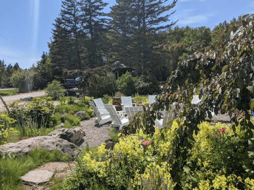 A serene garden scene with white chairs, lush greenery, and colorful flowers under a clear blue sky.