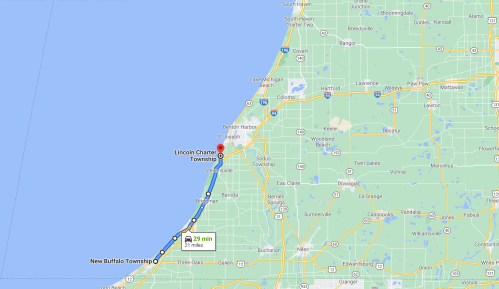 Map showing a route from New Buffalo Township to Lincoln Charter Township, indicating a travel time of 29 minutes over 7 miles.