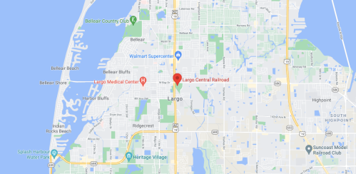 Map showing the location of Largo Central Railroad in Largo, Florida, with nearby landmarks and roads.