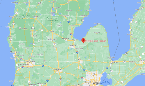 Map of Michigan highlighting the location of the Michigan Bean Festival.