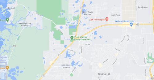 Map showing Weeki Wachee Springs State Park and surrounding areas, including roads and nearby landmarks.