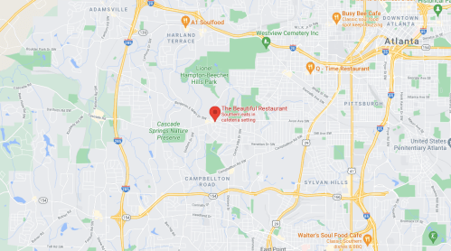 Map showing the location of The Beautiful Restaurant in Atlanta, near Cascade Springs Nature Preserve.