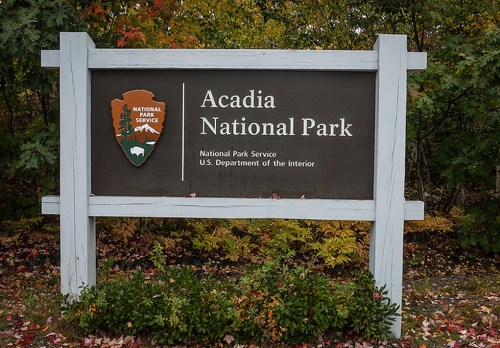 Sign for Acadia National Park, featuring the National Park Service logo and surrounded by colorful autumn foliage.