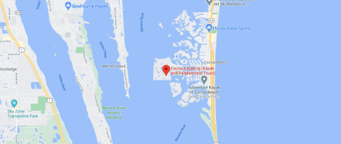 Map showing Cocoa Kayaking Kayak and Paddleboard Tours location near Cocoa Beach, Florida.