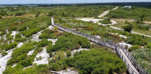 A wooden boardwalk winds through lush greenery and sandy terrain, with a road visible in the background.