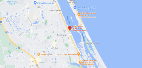 Map showing Port Orange, Florida, with a marker for Aunt Catfish's on the River restaurant near the coast.
