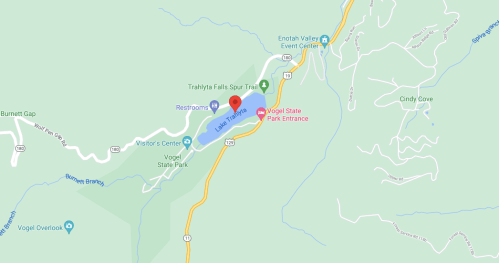 Map showing Vogel State Park entrance, visitor center, restrooms, and nearby trails in a mountainous area.