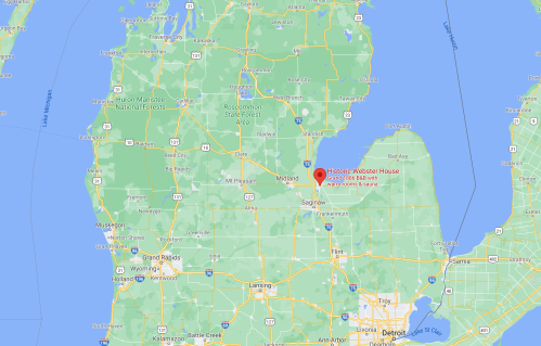 Map showing the location of the Historic Wildwood House in Michigan, near the center of the state.