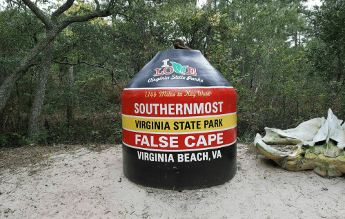 A large, colorful sign marking the southernmost point of Virginia State Park, with distances to Key West and Virginia Beach.