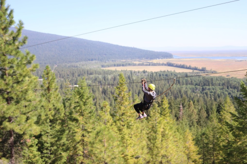 A person zip-lining over a lush green forest with mountains and a lake in the background.