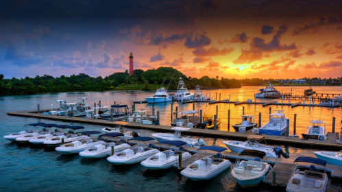 A scenic marina at sunset, featuring boats docked and a lighthouse in the background against a colorful sky.