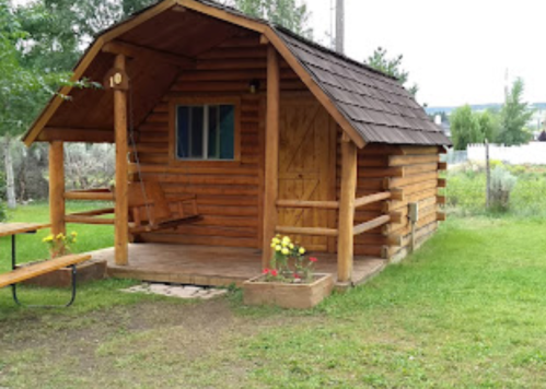 A small wooden cabin with a porch, swing, and flower pots, surrounded by green grass and trees.