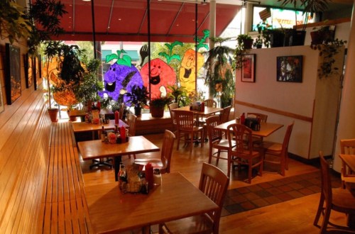 Cozy restaurant interior with wooden tables, colorful fruit-themed window art, and plants.