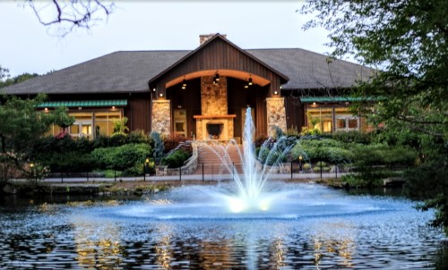 A serene pond with a fountain in front of a rustic lodge surrounded by lush greenery.