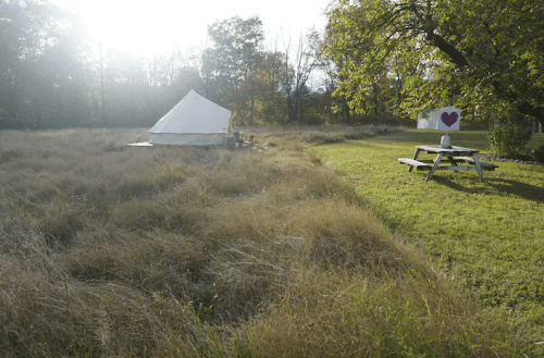 A glamping tent in a grassy field, with a picnic table nearby and a heart mural on a shed in the background.