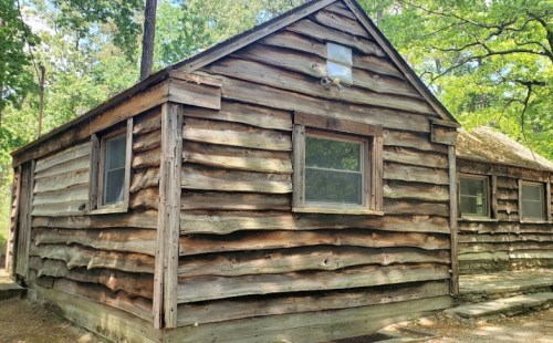 A rustic wooden cabin with a sloped roof, surrounded by trees and greenery. Windows are visible on the front.