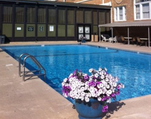 A clear blue swimming pool surrounded by flowers and lounge chairs, with a building in the background.