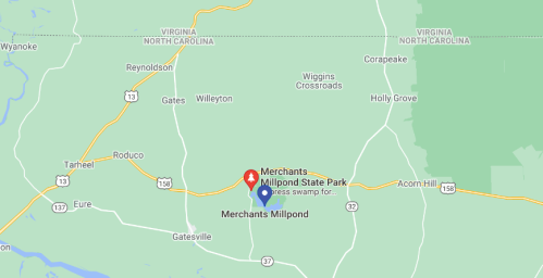 Map showing Merchants Millpond State Park in North Carolina, with nearby roads and towns labeled.