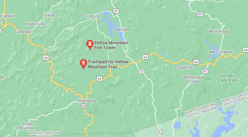 Map showing the location of Yellow Mountain Fire Tower and the trailhead for Yellow Mountain Trail in North Carolina.