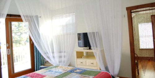 Bright bedroom with a quilted bedspread, sheer curtains, a TV, and large windows letting in natural light.