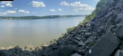 A panoramic view of a riverbank with large rocks, lush greenery, and a clear blue sky with scattered clouds.