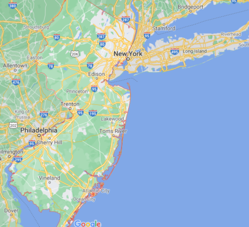 Map of the northeastern United States, highlighting New York, New Jersey, and surrounding areas.