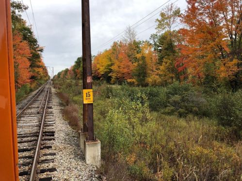 A view of train tracks lined with vibrant autumn trees, featuring a speed limit sign for 15 mph.