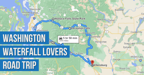 Map showing a road trip route in Washington, highlighting waterfalls and key locations like Ellensburg and Wallace Falls.